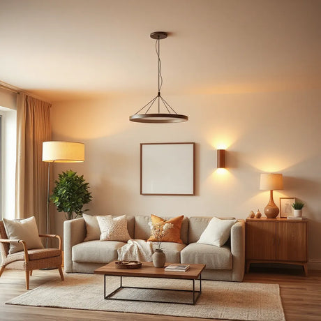 Modern living room with warm pendant, floor, and table lamps creating soft layered lighting