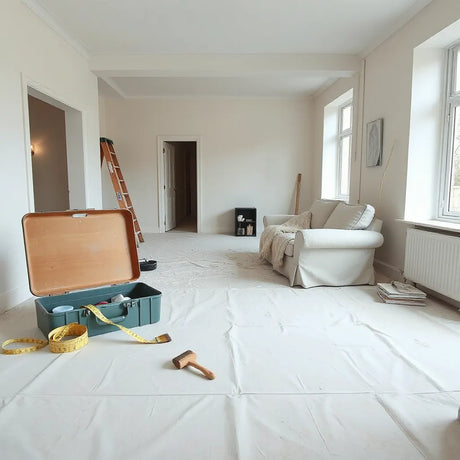 Renovated living room scene with paint tools, protective coverings, and natural light