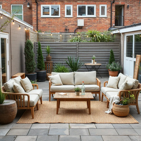 Weather-ready outdoor seating and coffee table on a modern patio with soft string lights