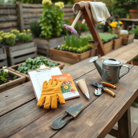 Garden workbench with clipboard checklists, gloves, tools, seed packets, and seasonal plants in neat beds