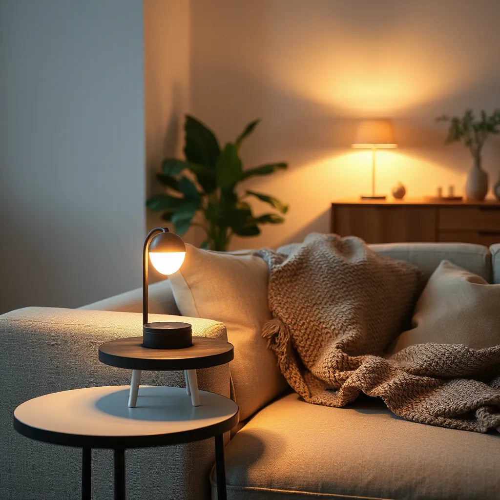 Warmly lit battery powered table lamps on a side table and console in a cozy living room