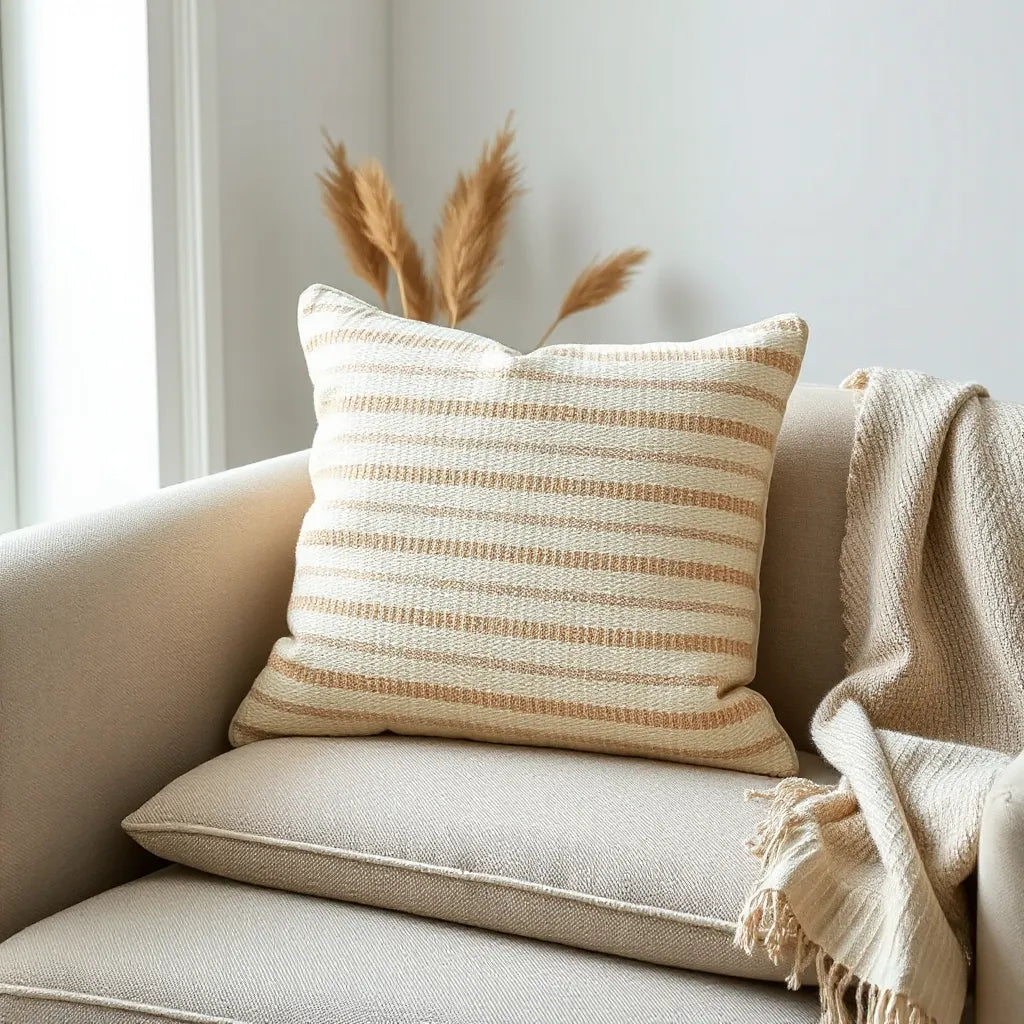 Striped grid woven cushion on a neutral sofa with textured fabric and soft, cozy styling