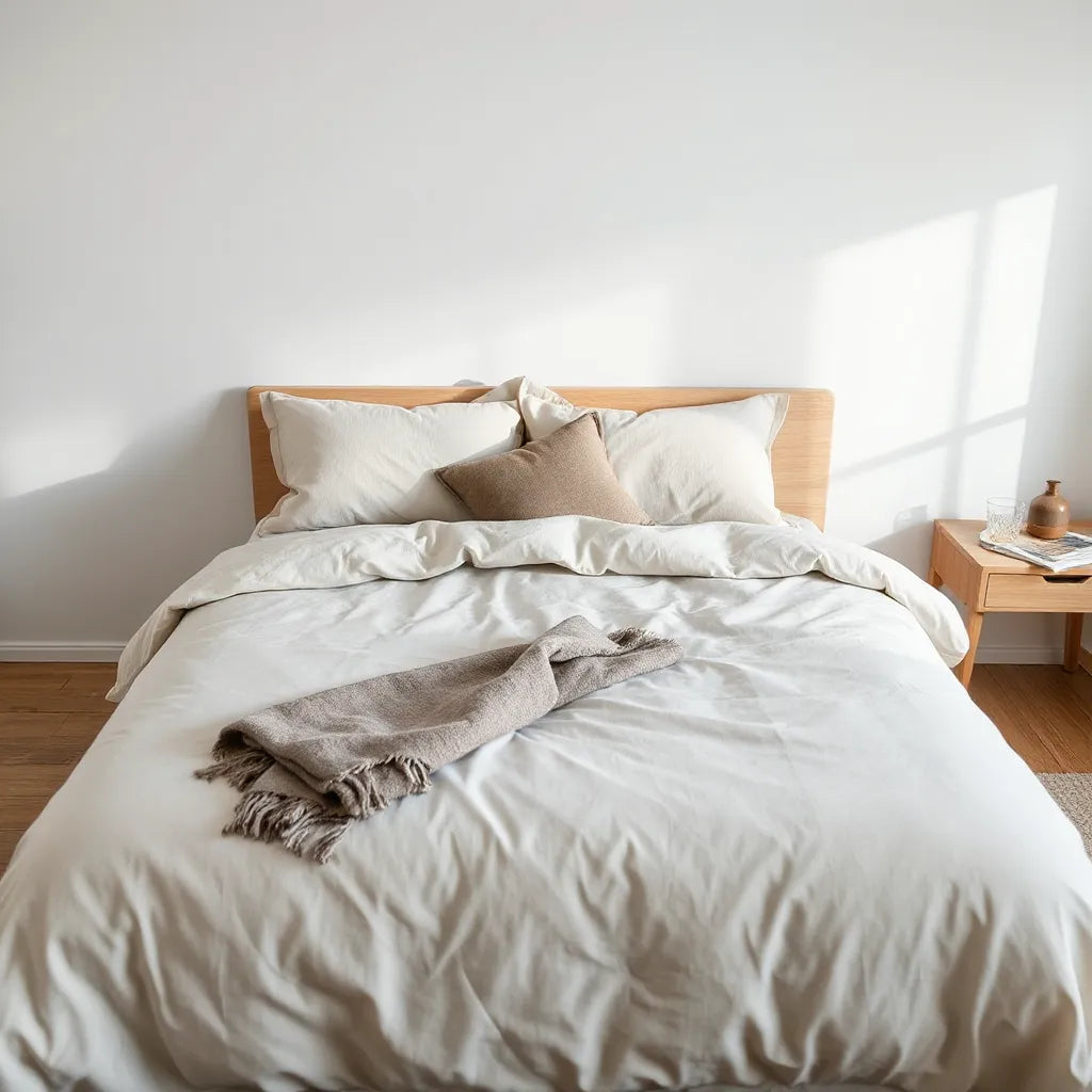 Neatly made bed with a modern duvet cover set in neutral tones and coordinated pillows