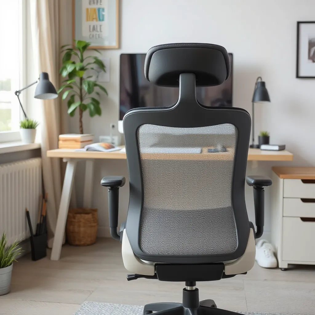 Modern office chair with a flexible backrest and adjustable lumbar support in a bright home workspace