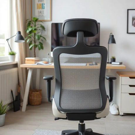 Modern office chair with a flexible backrest and adjustable lumbar support in a bright home workspace
