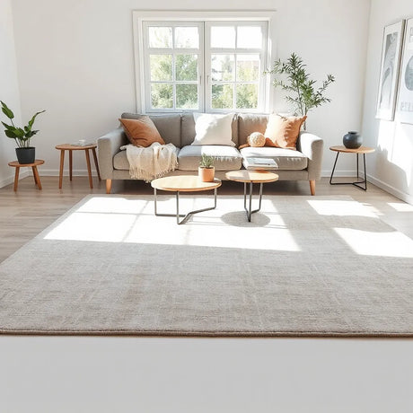 Decorative rug styled in a bright living room with sofa, throw and side table