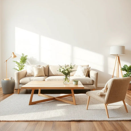 Bright living room styled with modern sofa, coffee table, lamp, rug, and fresh flowers