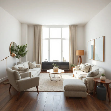 Modern living room showing a creative furniture layout with sofa, accent chair, coffee table and warm lighting