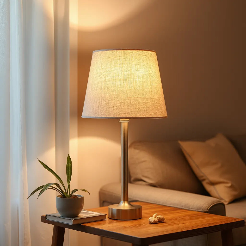 Neutral fabric table lamp shade creating warm ambient light in a softly lit living room corner