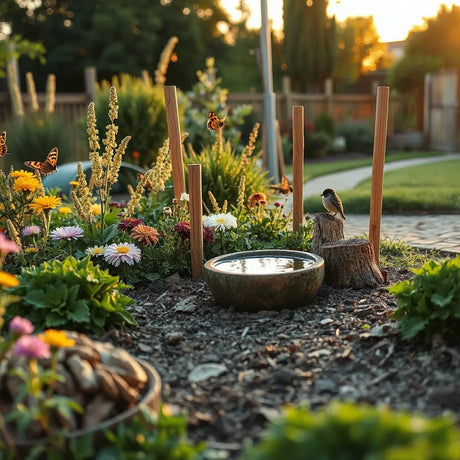 Native flowers, a bird bath, and a log pile in a tidy garden designed for insects and birds