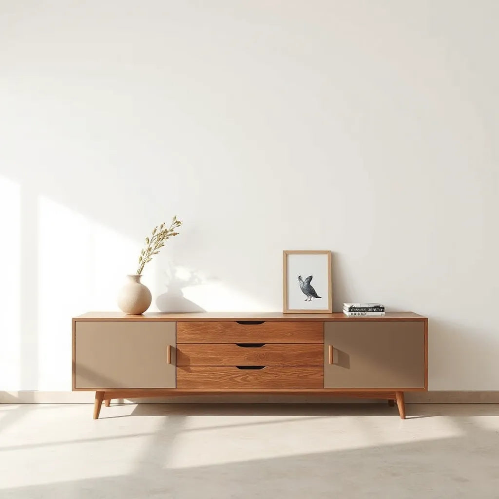 Modern sideboard in a bright living room, styled with a vase, books, and framed photo