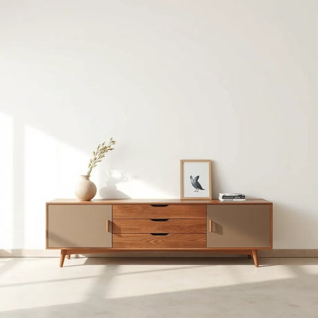 Modern sideboard in a bright living room, styled with a vase, books, and framed photo