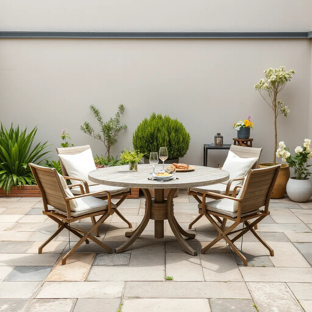 Garden dining set on a UK patio with matching chairs and cushions in daylight