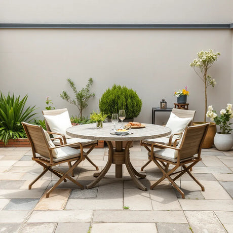 Garden dining set on a UK patio with matching chairs and cushions in daylight