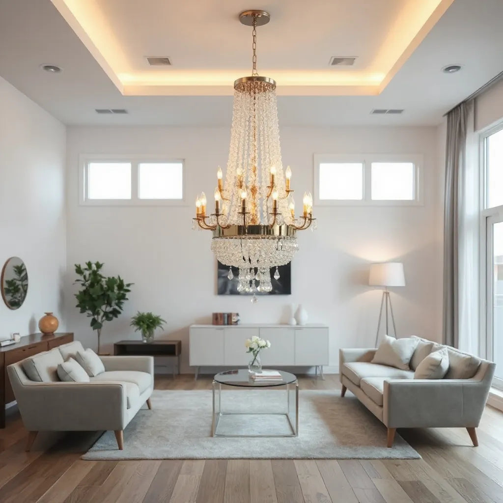 Crystal LED chandelier with faceted prisms glowing above a bright, minimalist dining area