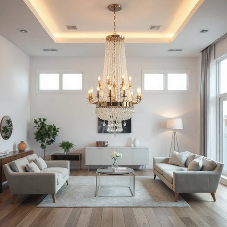 Crystal LED chandelier with faceted prisms glowing above a bright, minimalist dining area