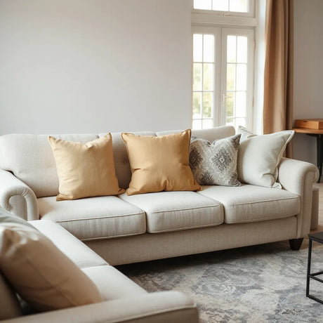 Decorative throw pillows arranged on a neutral sofa with warm natural light