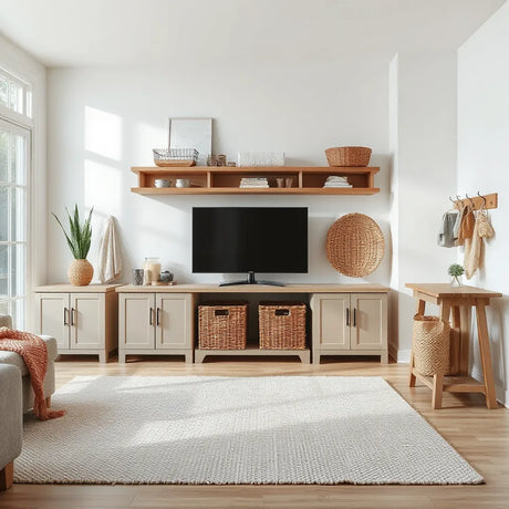 Modern living room with neatly organized media storage, baskets, and drawers