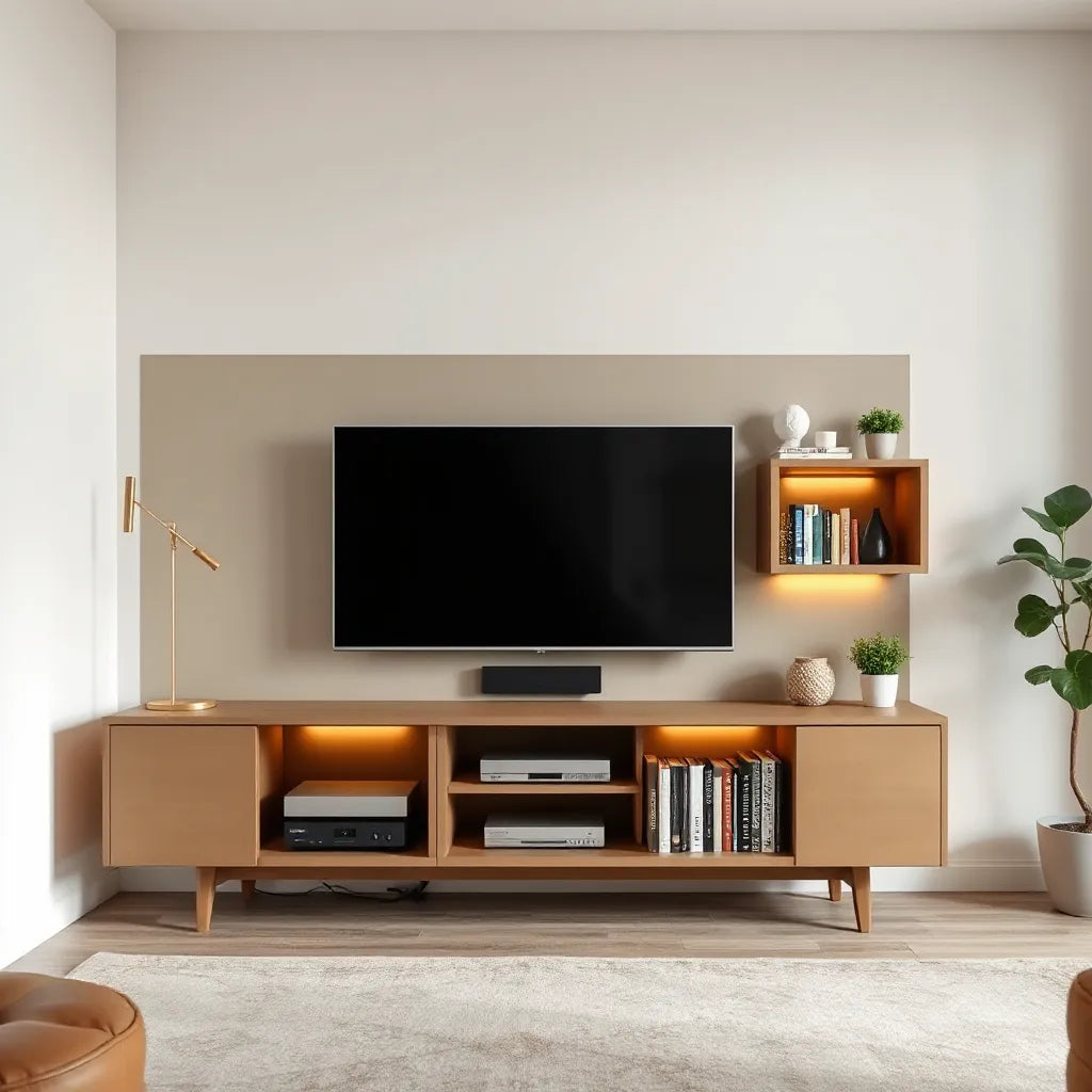 Modern TV unit with storage cabinets and open shelves, neatly arranged media devices and books