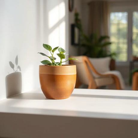 Terracotta glaze ceramic planter with a small green plant in soft natural window light