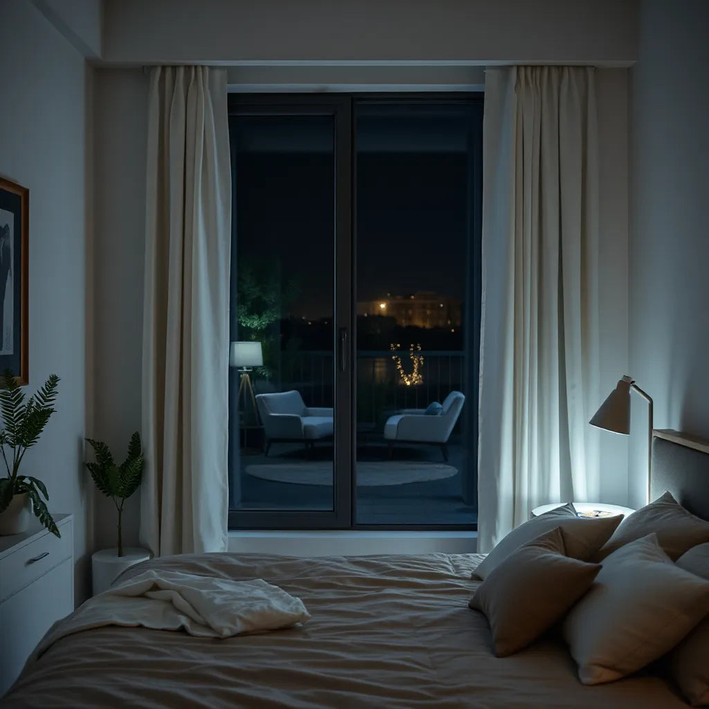 Blackout curtains drawn over a bedroom window, creating a darker, sleep-friendly room