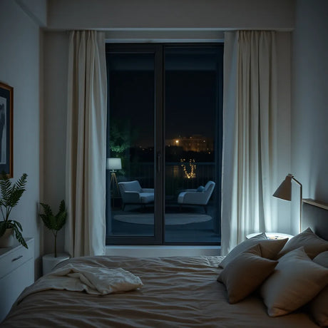 Blackout curtains drawn over a bedroom window, creating a darker, sleep-friendly room