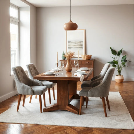 Elegant dining table with upholstered chairs styled for a polished, inviting meal setting