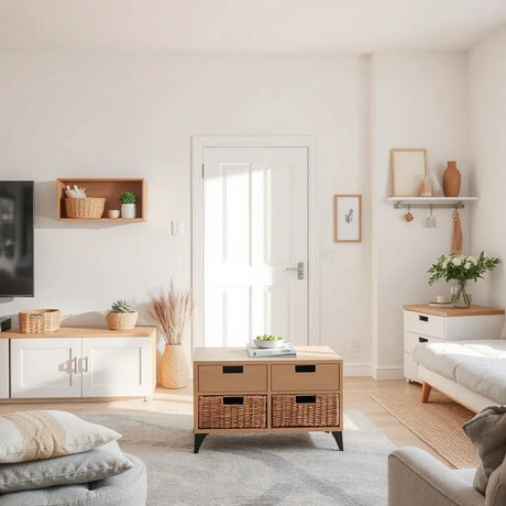 Living room with tidy storage furniture, shelves, and woven baskets arranged neatly