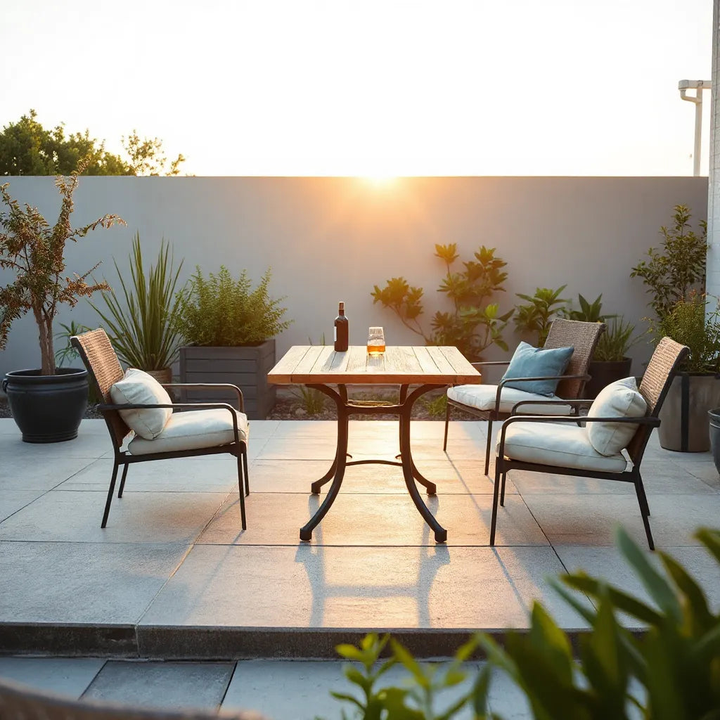 Outdoor dining set on a patio with weather-friendly chairs and cushions in warm sunlight
