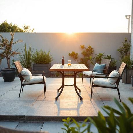 Outdoor dining set on a patio with weather-friendly chairs and cushions in warm sunlight
