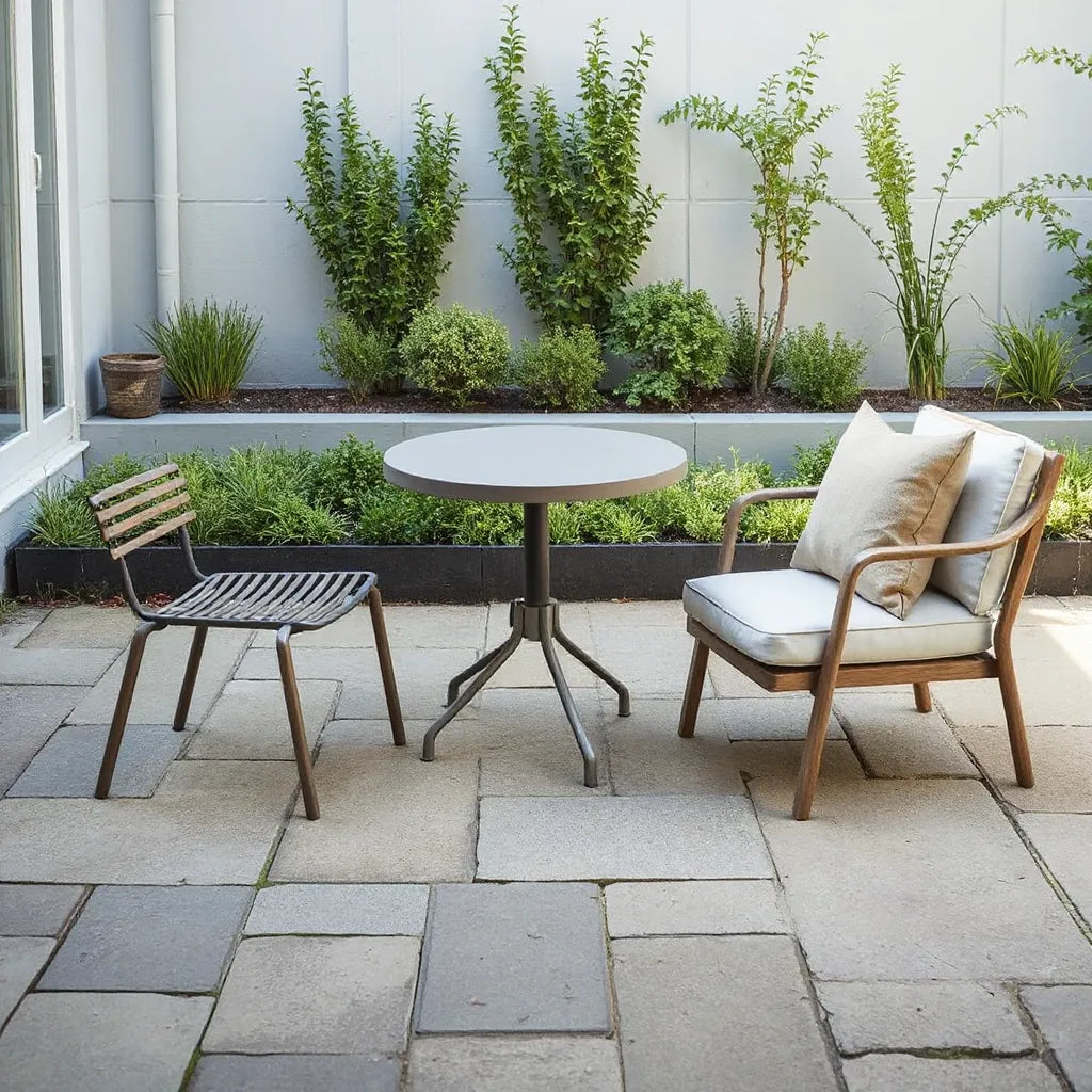 Outdoor patio with a bistro set and armchair, weather-ready cushions, and surrounding greenery