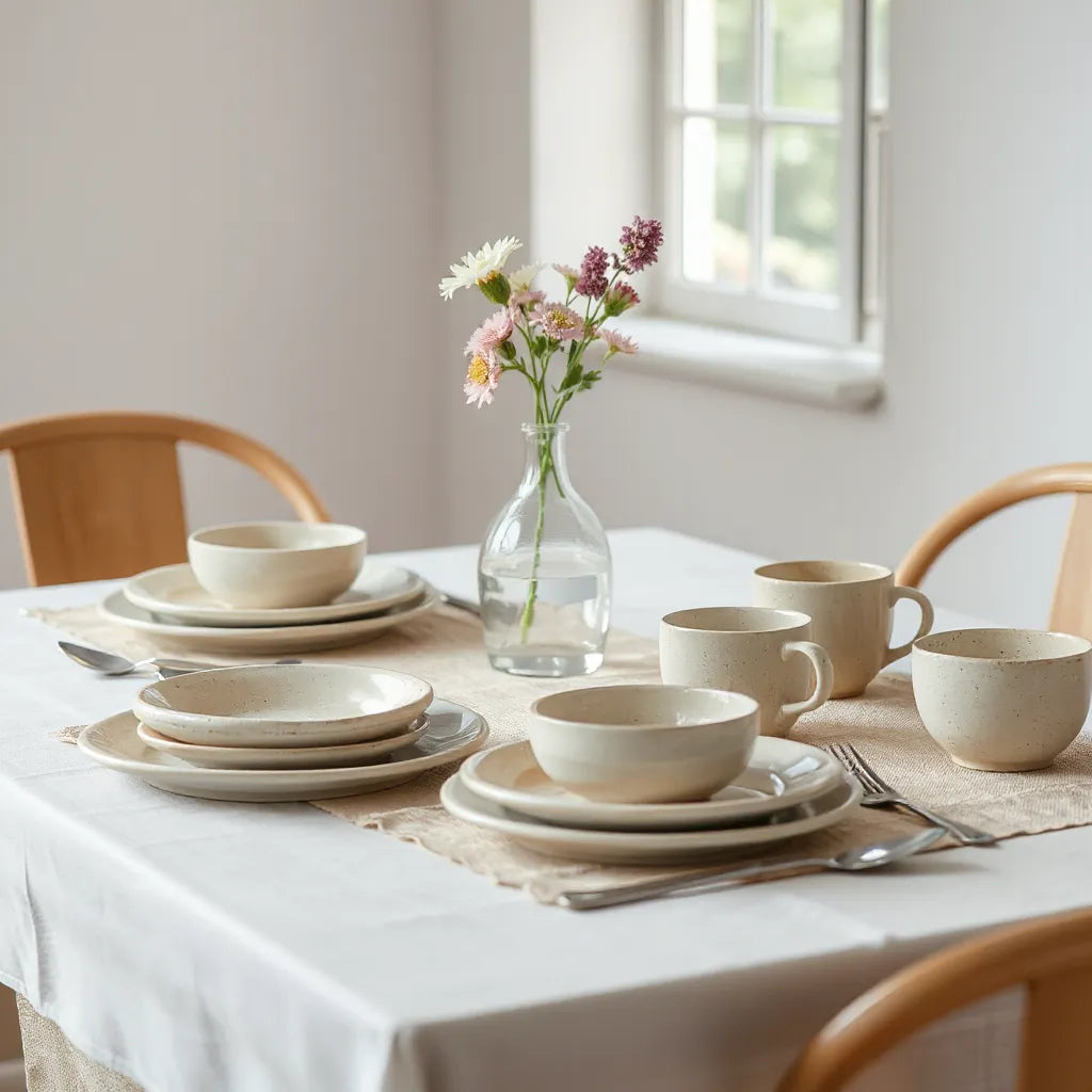 Earthy-toned stoneware dinner set on a neatly set dining table with linen and fresh flowers