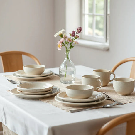 Earthy-toned stoneware dinner set on a neatly set dining table with linen and fresh flowers