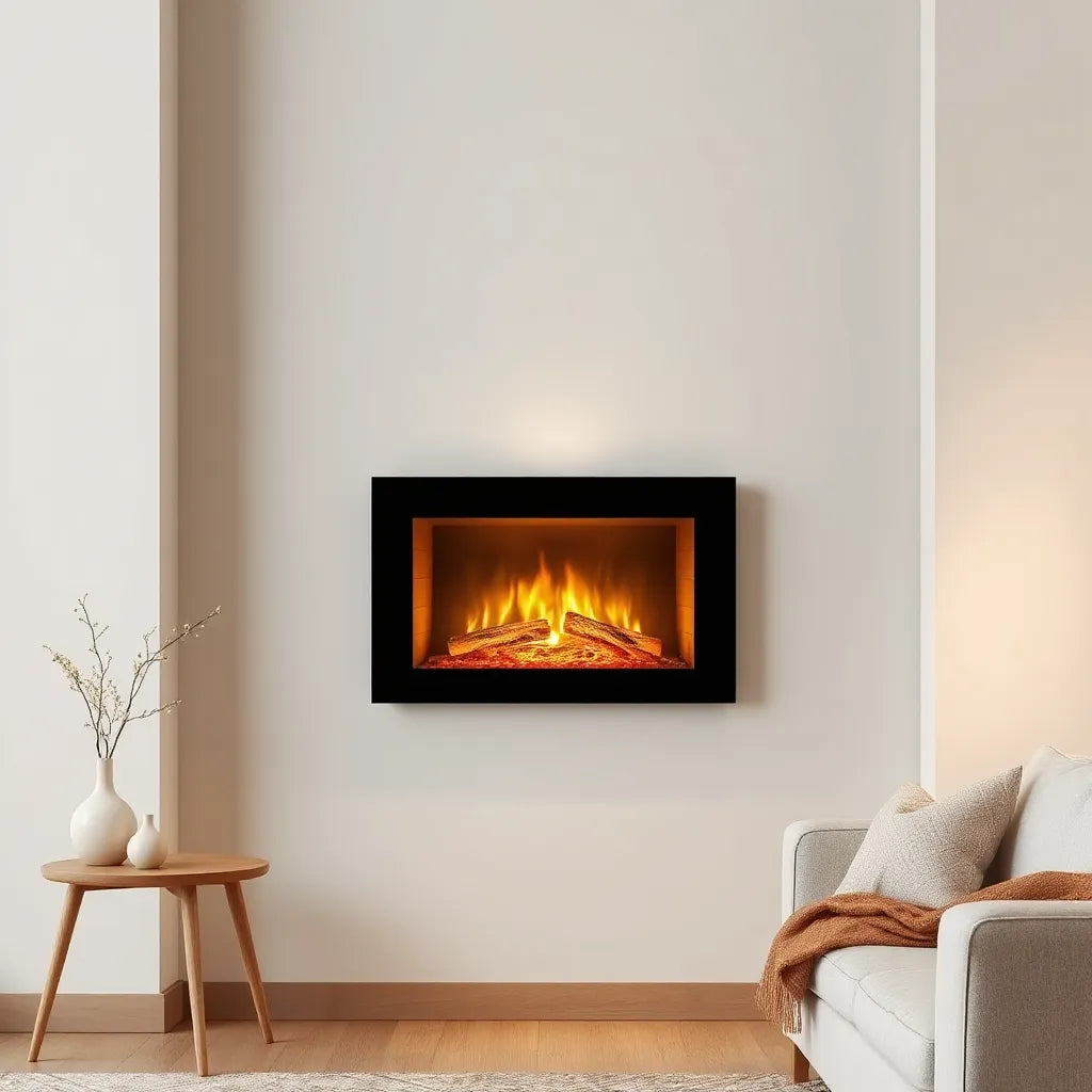 Modern wall-mounted electric fireplace glowing in a tidy neutral living room