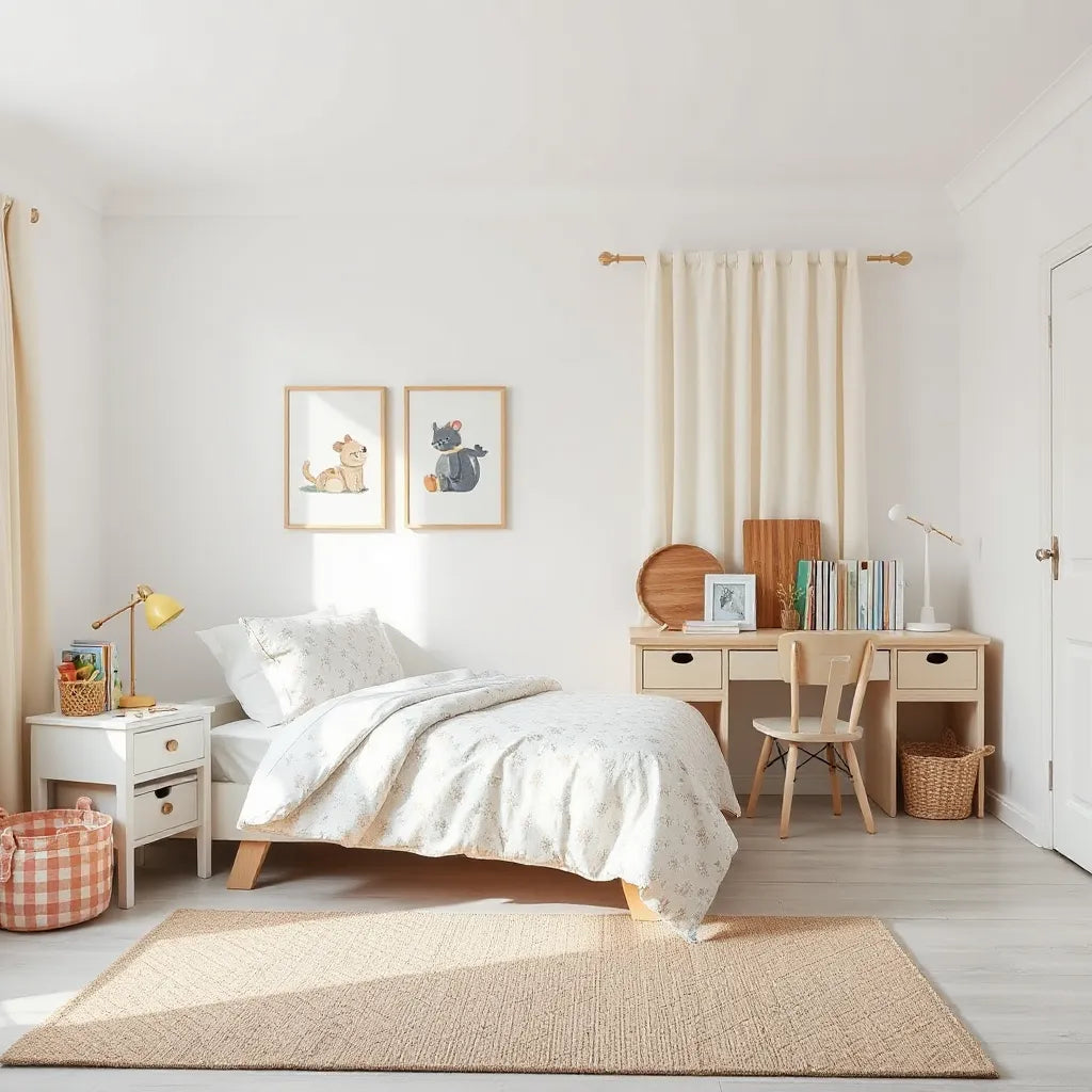 Bright children’s bedroom with a single bed, playful wall art, desk area, and neatly styled storage.