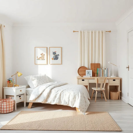 Bright children’s bedroom with a single bed, playful wall art, desk area, and neatly styled storage.