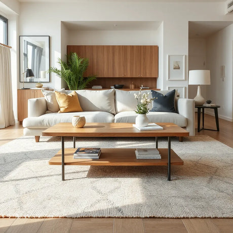 Modern coffee table in a bright living room with minimalist décor and contemporary materials