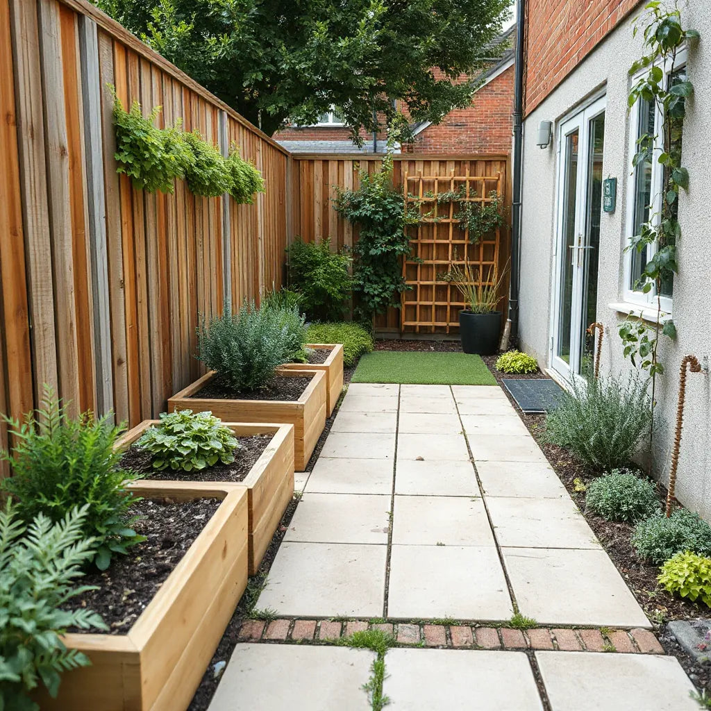 Compact garden with raised planters, a small patio seating area, climbing trellis, and layered greenery