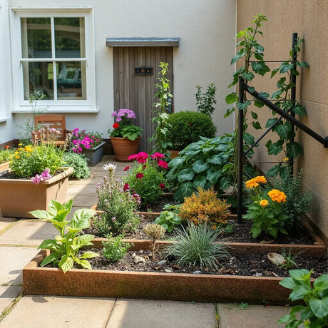 Compact patio and border garden with flowering plants, dwarf shrubs, and a slim trellis