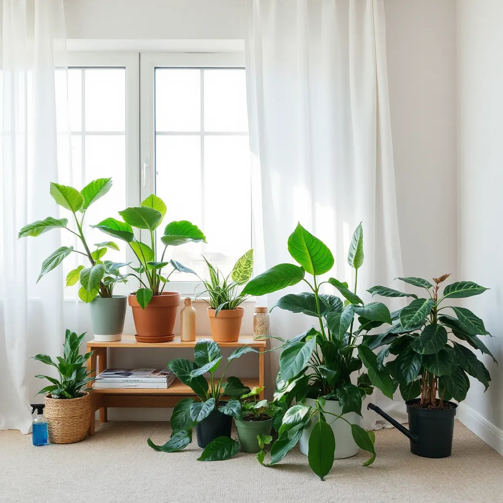 Healthy houseplants with lush leaves in a bright living room near a watering can