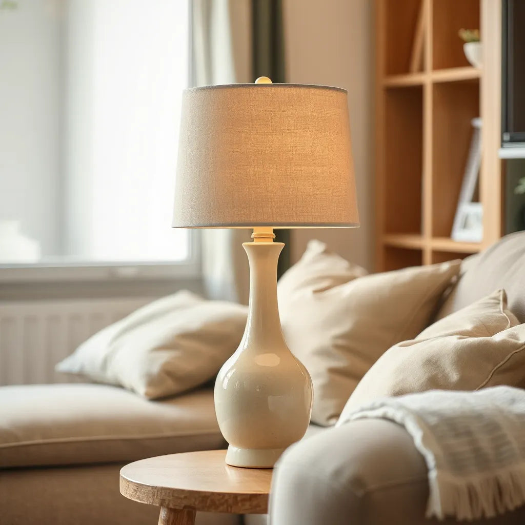 Ceramic table lamp on a side table with a warm, softly glowing fabric shade