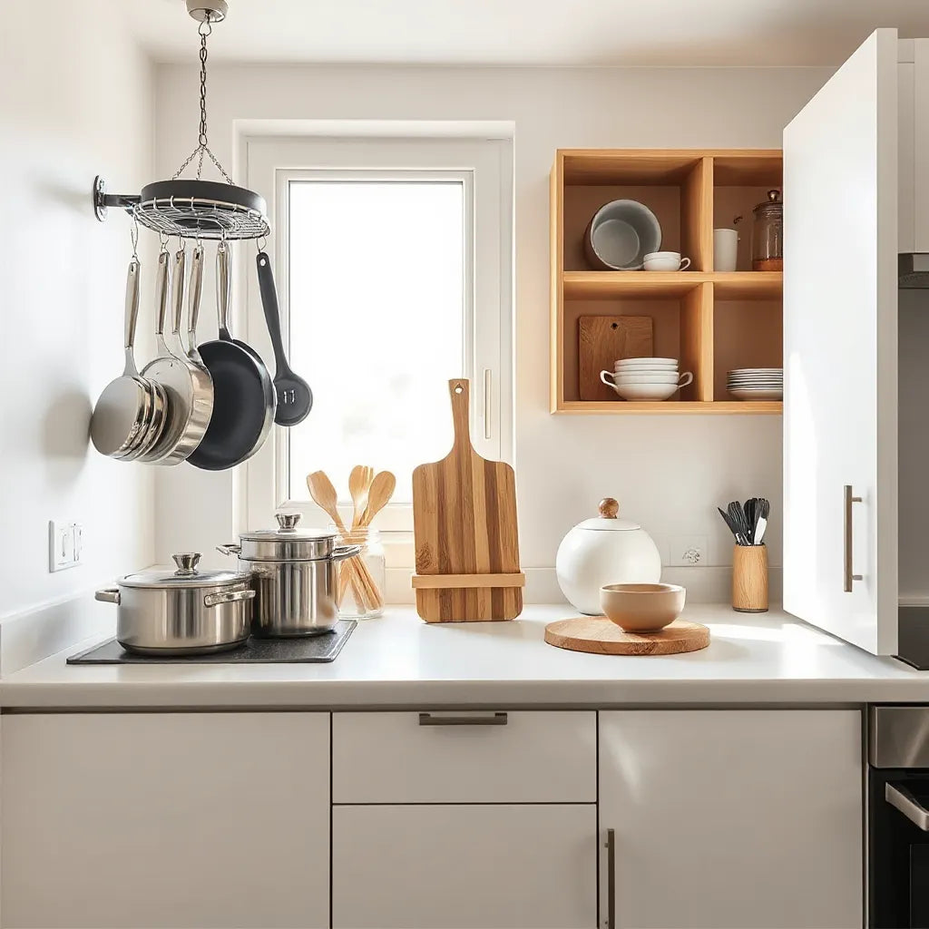 Neatly organized compact kitchenware in a small apartment kitchen with space-saving storage