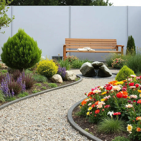 Layered flower borders, shrubs and a winding gravel path in a modern show garden setting