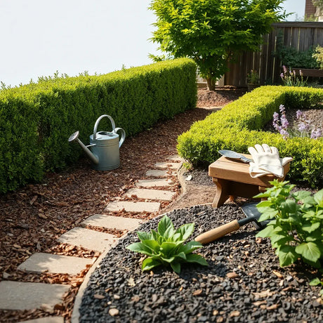 Neatly maintained garden with trimmed hedges, mulch flower beds, and watering tools on a bench