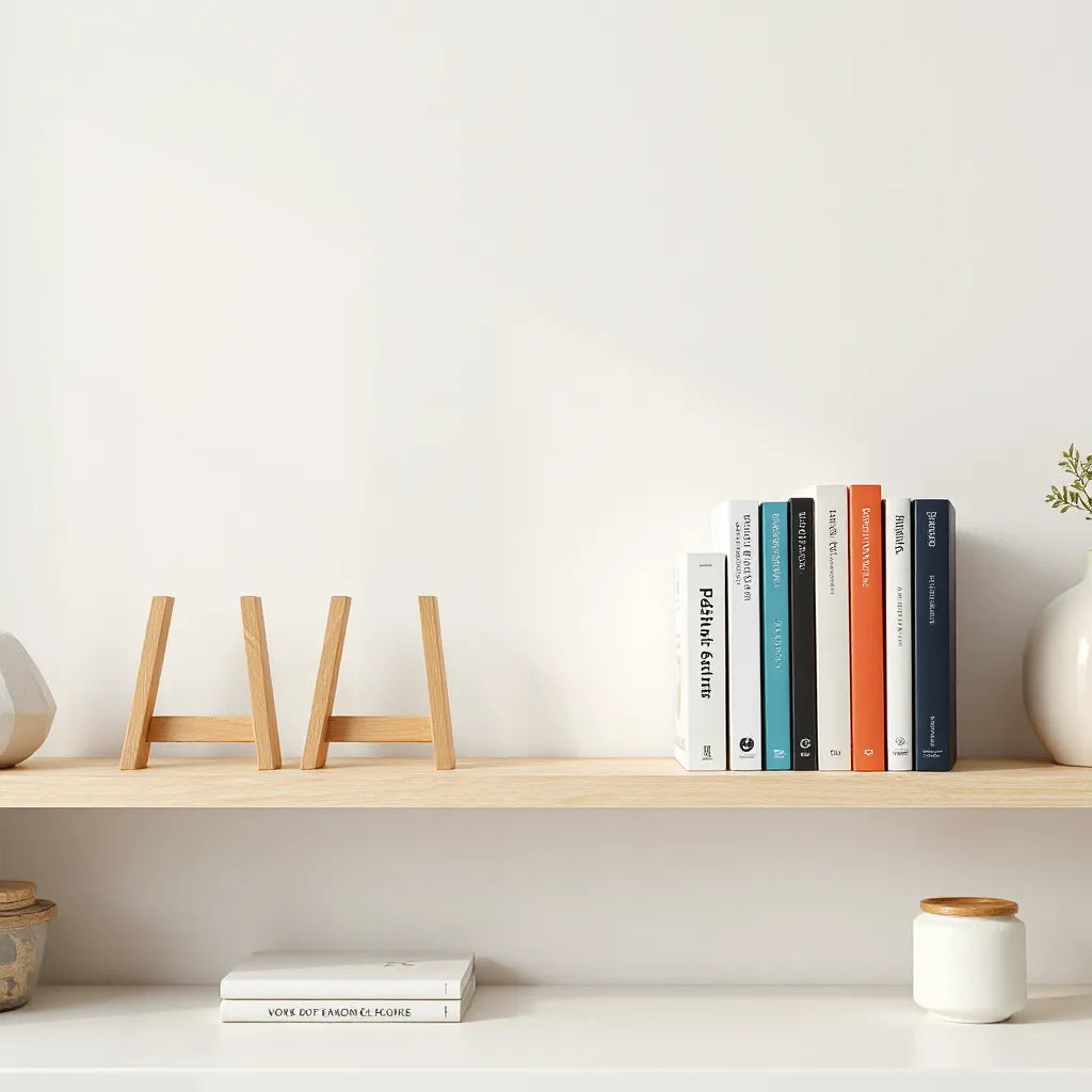 Wooden bookstands holding books upright on a tidy bookshelf in soft natural daylight