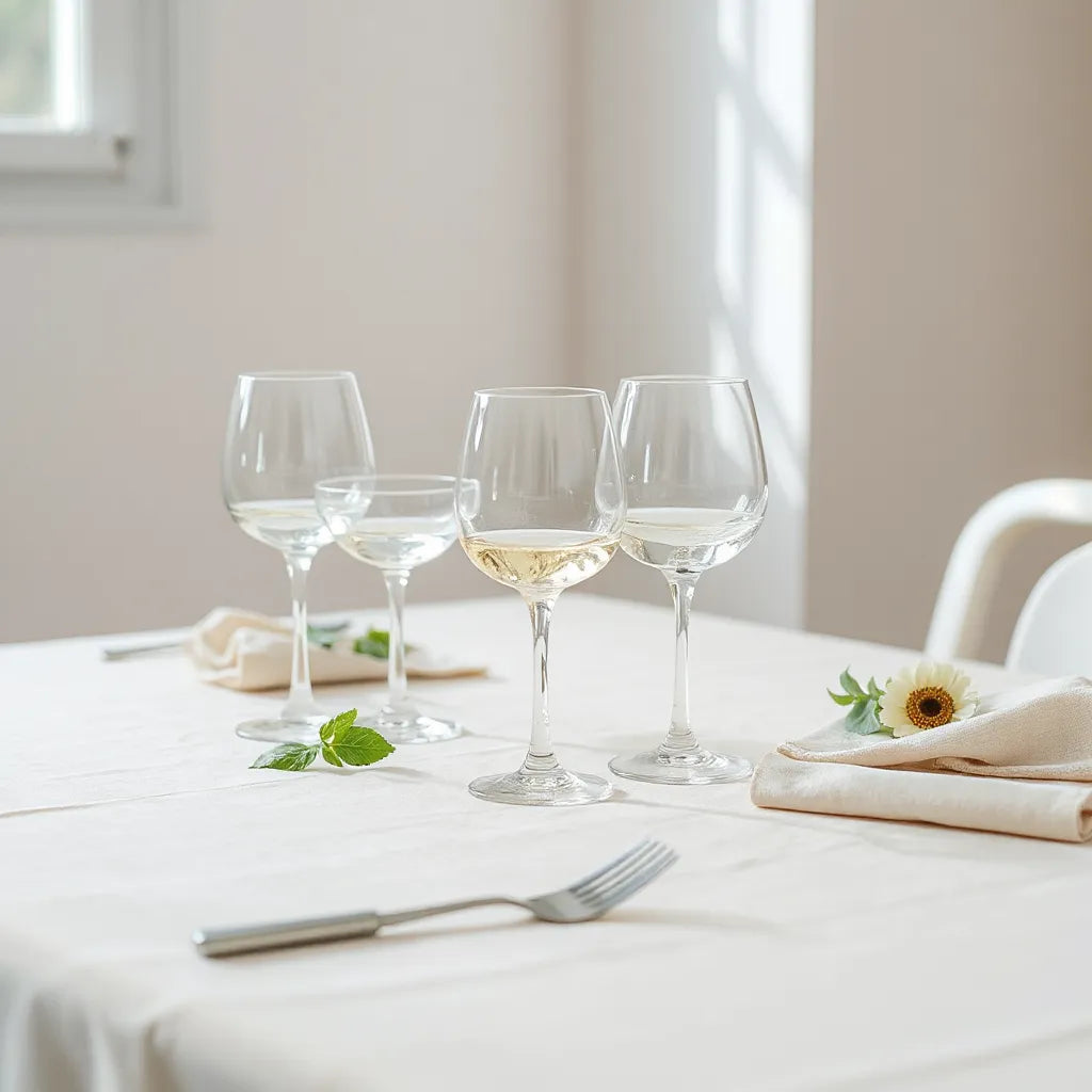 A neat set of clear white wine glasses on a linen tablecloth in soft natural light