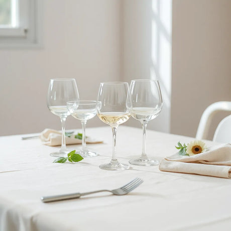 A neat set of clear white wine glasses on a linen tablecloth in soft natural light