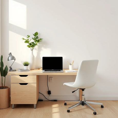 Compact office desk setup with monitor, lamp, and organiser in a small home office corner