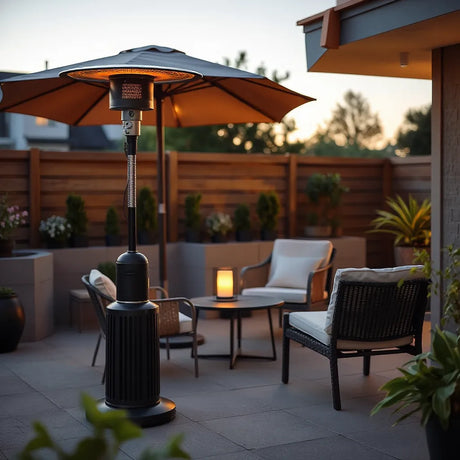 Modern electric patio heater glowing on a covered outdoor patio near seating
