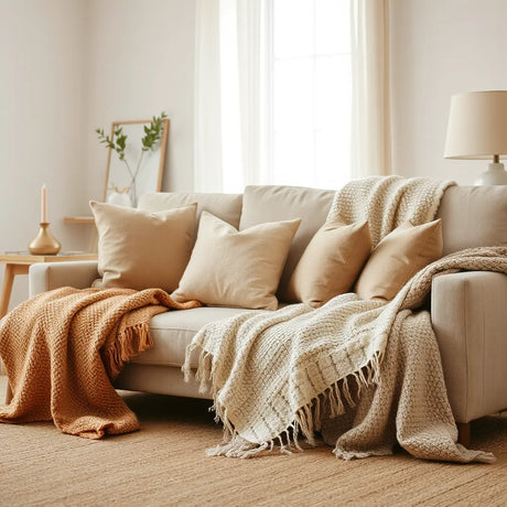 Layered knit and woven throws and blankets on a sofa for warm, instant comfort